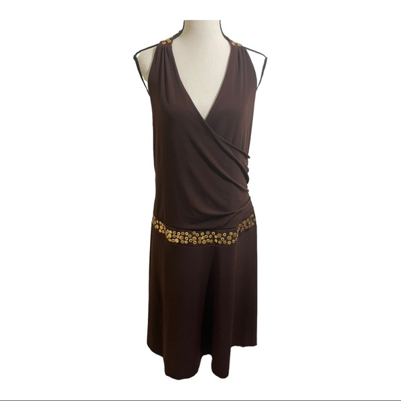 Torrid womens halter faux wrap dress. Gold dot trim. Size 12. Brown drop… - Picture 1 of 12